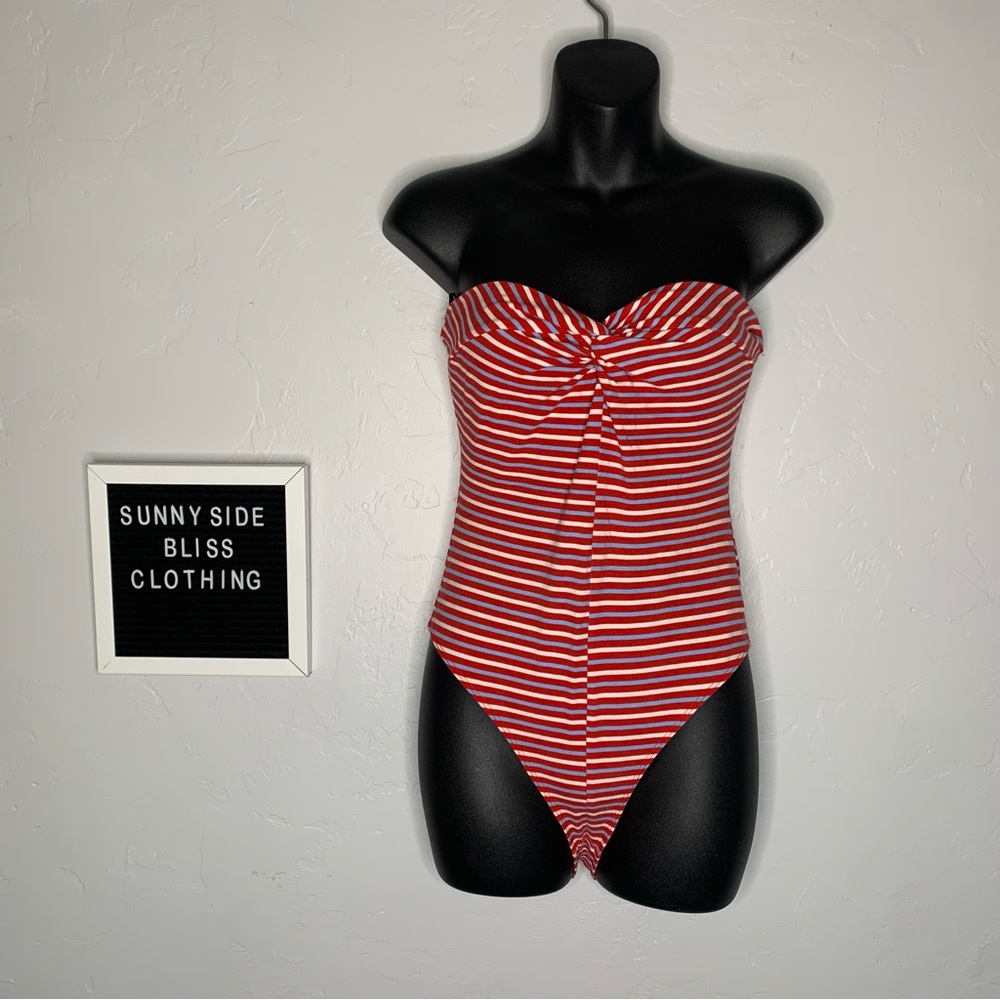 Forever 21 Red White Blue Striped Bodysuit Small Sweetheart Tube Top One Piece